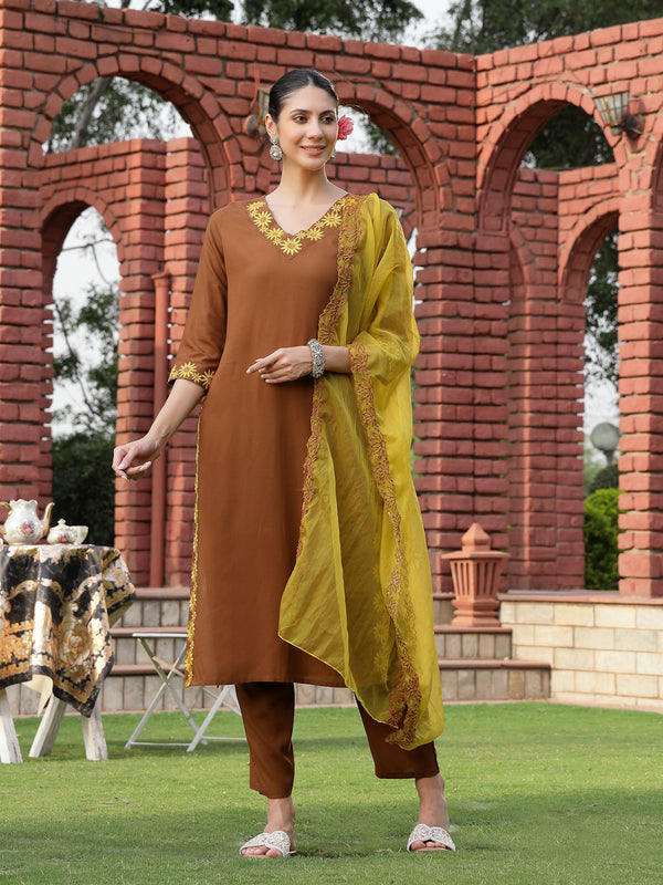 Stylum Women's Brown Solid & Embroidered Rayon Straight Kurta Pant Dupatta Set (KPDBROWNEBELL)