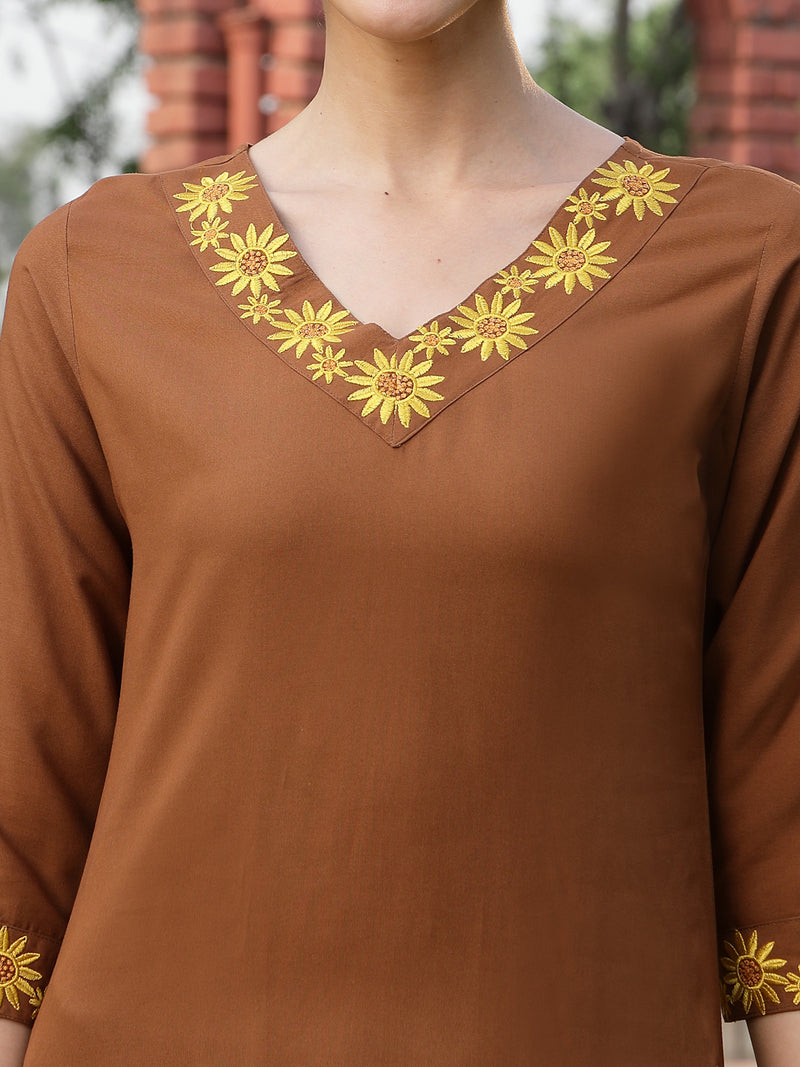 Stylum Women's Brown Solid & Embroidered Rayon Straight Kurta Pant Dupatta Set (KPDBROWNEBELL)