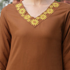 Stylum Women's Brown Solid & Embroidered Rayon Straight Kurta Pant Dupatta Set (KPDBROWNEBELL)