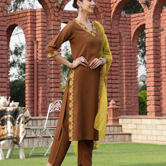 Stylum Women's Brown Solid & Embroidered Rayon Straight Kurta Pant Dupatta Set (KPDBROWNEBELL)