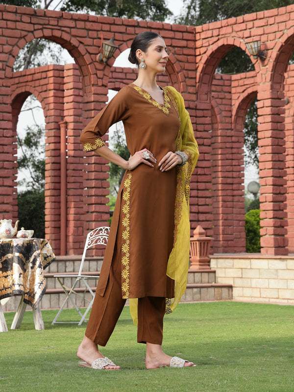 Stylum Women's Brown Solid & Embroidered Rayon Straight Kurta Pant Dupatta Set (KPDBROWNEBELL)