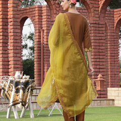 Stylum Women's Brown Solid & Embroidered Rayon Straight Kurta Pant Dupatta Set (KPDBROWNEBELL)