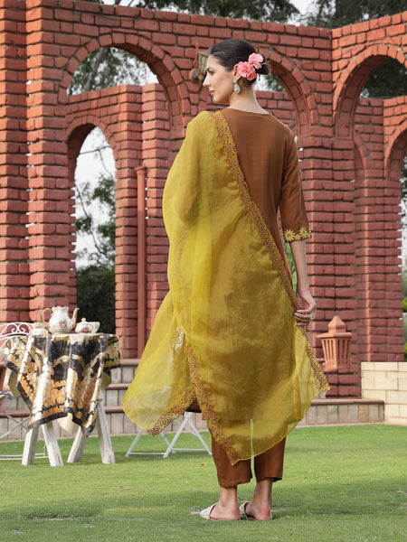 Stylum Women's Brown Solid & Embroidered Rayon Straight Kurta Pant Dupatta Set (KPDBROWNEBELL)