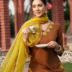 Stylum Women's Brown Solid & Embroidered Rayon Straight Kurta Pant Dupatta Set (KPDBROWNEBELL)