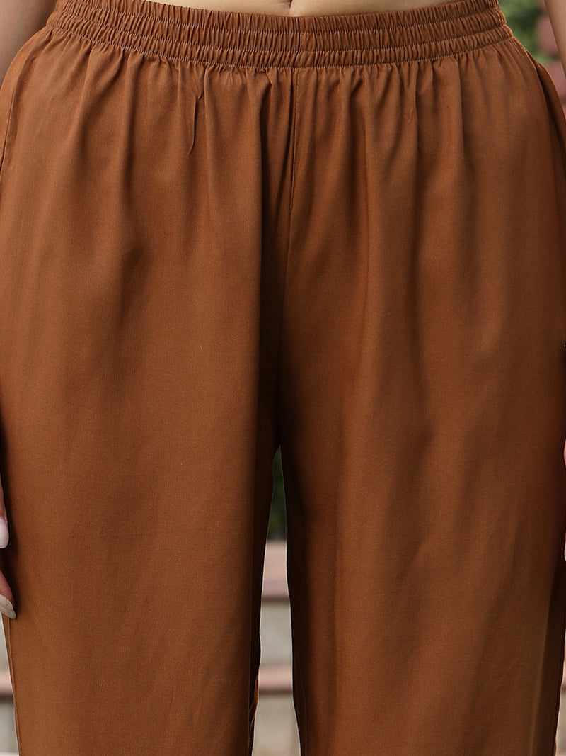 Stylum Women's Brown Solid & Embroidered Rayon Straight Kurta Pant Dupatta Set (KPDBROWNEBELL)