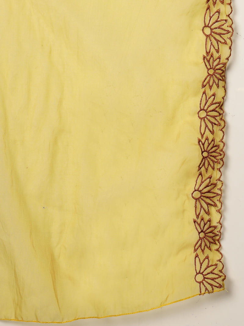 Stylum Women's Brown Solid & Embroidered Rayon Straight Kurta Pant Dupatta Set (KPDBROWNEBELL)