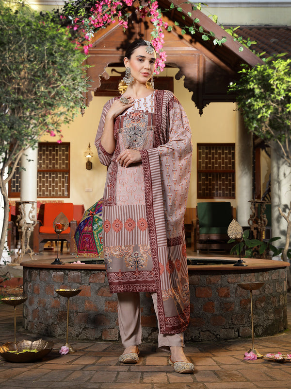 Stylum Women's Brown Printed & Embroidered Satin Straight Kurta Pant Dupatta Set (KPDBROWNEVA)