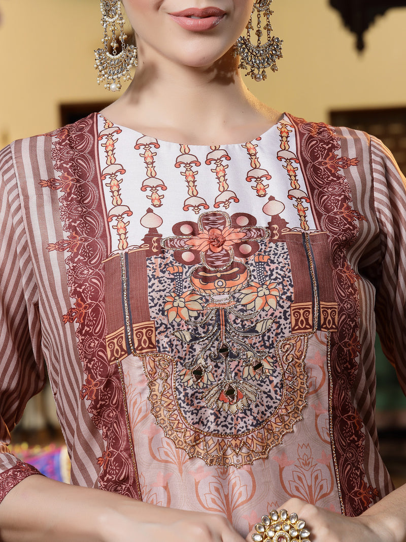 Stylum Women's Brown Printed & Embroidered Satin Straight Kurta Pant Dupatta Set (KPDBROWNEVA)
