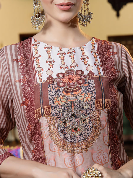 Stylum Women's Brown Printed & Embroidered Satin Straight Kurta Pant Dupatta Set (KPDBROWNEVA)