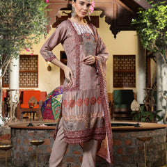 Stylum Women's Brown Printed & Embroidered Satin Straight Kurta Pant Dupatta Set (KPDBROWNEVA)