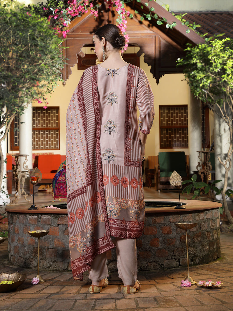 Stylum Women's Brown Printed & Embroidered Satin Straight Kurta Pant Dupatta Set (KPDBROWNEVA)