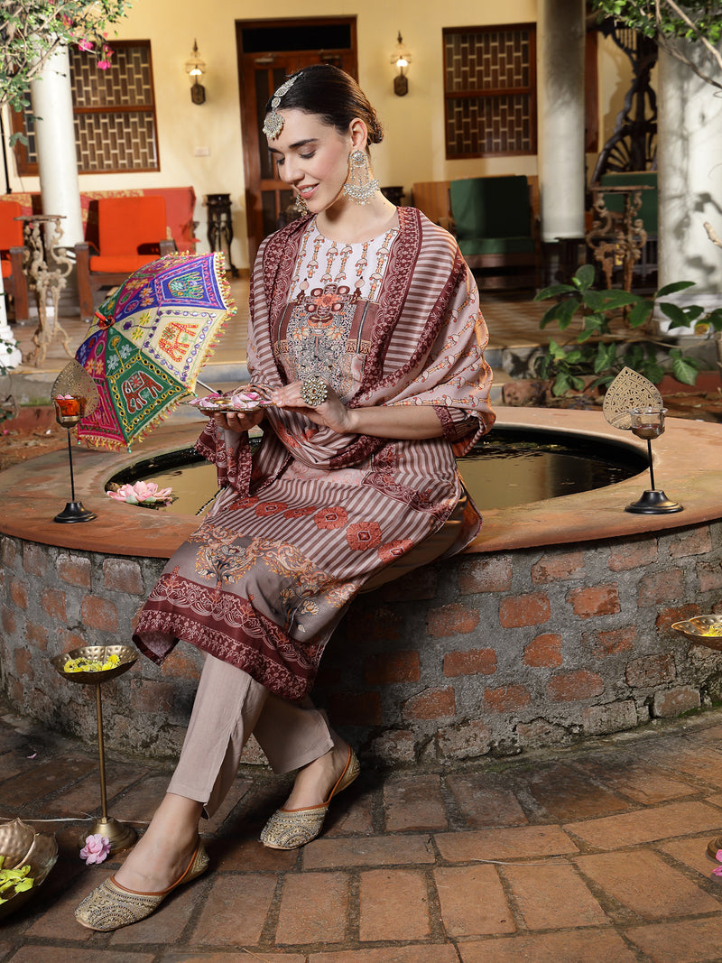Stylum Women's Brown Printed & Embroidered Satin Straight Kurta Pant Dupatta Set (KPDBROWNEVA)
