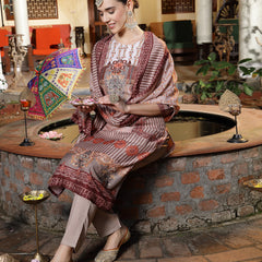 Stylum Women's Brown Printed & Embroidered Satin Straight Kurta Pant Dupatta Set (KPDBROWNEVA)