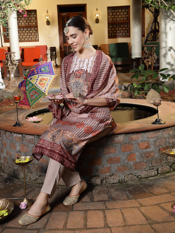 Stylum Women's Brown Printed & Embroidered Satin Straight Kurta Pant Dupatta Set (KPDBROWNEVA)