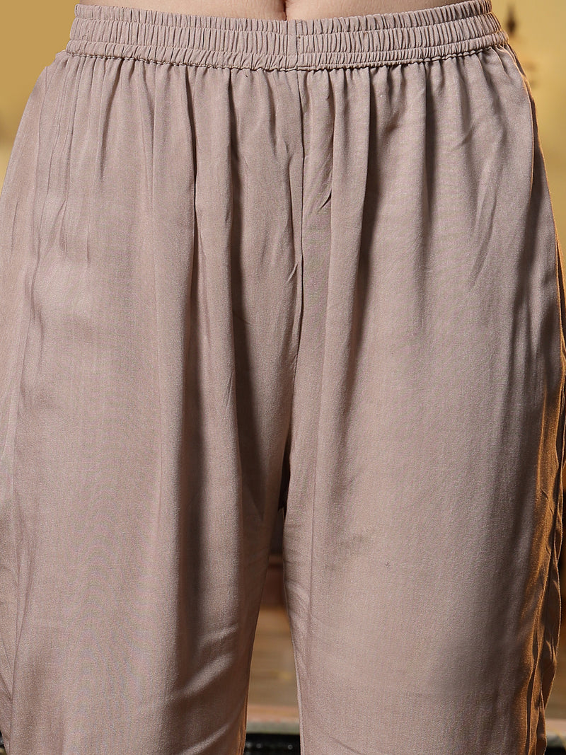 Stylum Women's Brown Printed & Embroidered Satin Straight Kurta Pant Dupatta Set (KPDBROWNEVA)