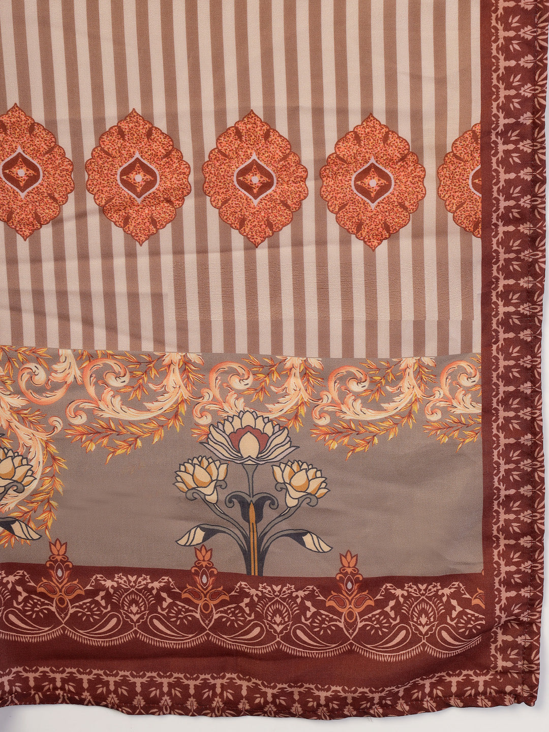 Stylum Women's Brown Printed & Embroidered Satin Straight Kurta Pant Dupatta Set (KPDBROWNEVA)