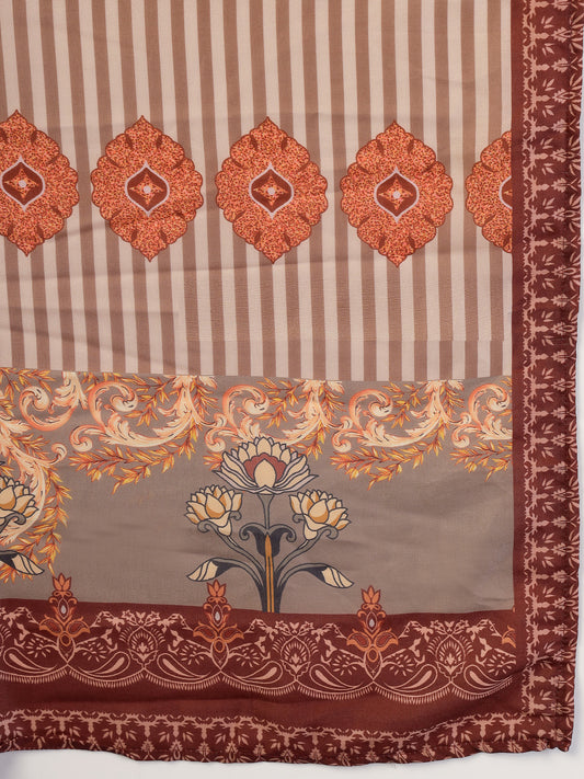 Stylum Women's Brown Printed & Embroidered Satin Straight Kurta Pant Dupatta Set (KPDBROWNEVA)