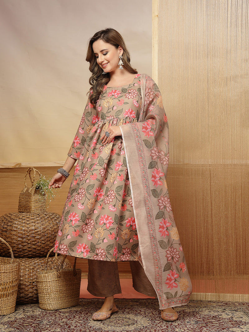 Stylum Women's Brown Floral Printed Rayon Anarkali Kurta Pant Dupatta Set (KPDBROWNFARAH)
