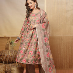 Stylum Women's Brown Floral Printed Rayon Anarkali Kurta Pant Dupatta Set (KPDBROWNFARAH)