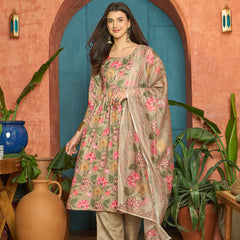 Stylum Women's Brown Floral Printed Rayon Anarkali Kurta Pant Dupatta Set (KPDBROWNFARAH)