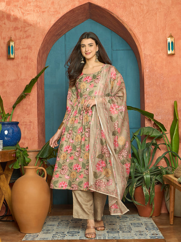 Stylum Women's Brown Floral Printed Rayon Anarkali Kurta Pant Dupatta Set (KPDBROWNFARAH)