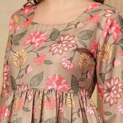 Stylum Women's Brown Floral Printed Rayon Anarkali Kurta Pant Dupatta Set (KPDBROWNFARAH)