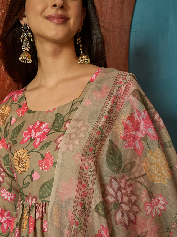 Stylum Women's Brown Floral Printed Rayon Anarkali Kurta Pant Dupatta Set (KPDBROWNFARAH)