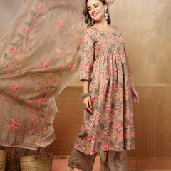 Stylum Women's Brown Floral Printed Rayon Anarkali Kurta Pant Dupatta Set (KPDBROWNFARAH)