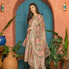 Stylum Women's Brown Floral Printed Rayon Anarkali Kurta Pant Dupatta Set (KPDBROWNFARAH)