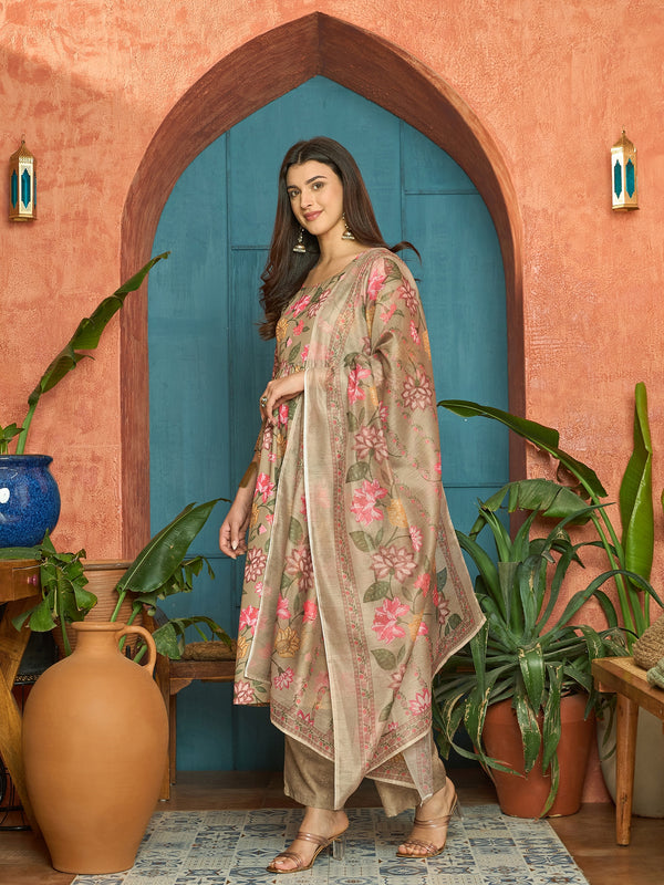 Stylum Women's Brown Floral Printed Rayon Anarkali Kurta Pant Dupatta Set (KPDBROWNFARAH)