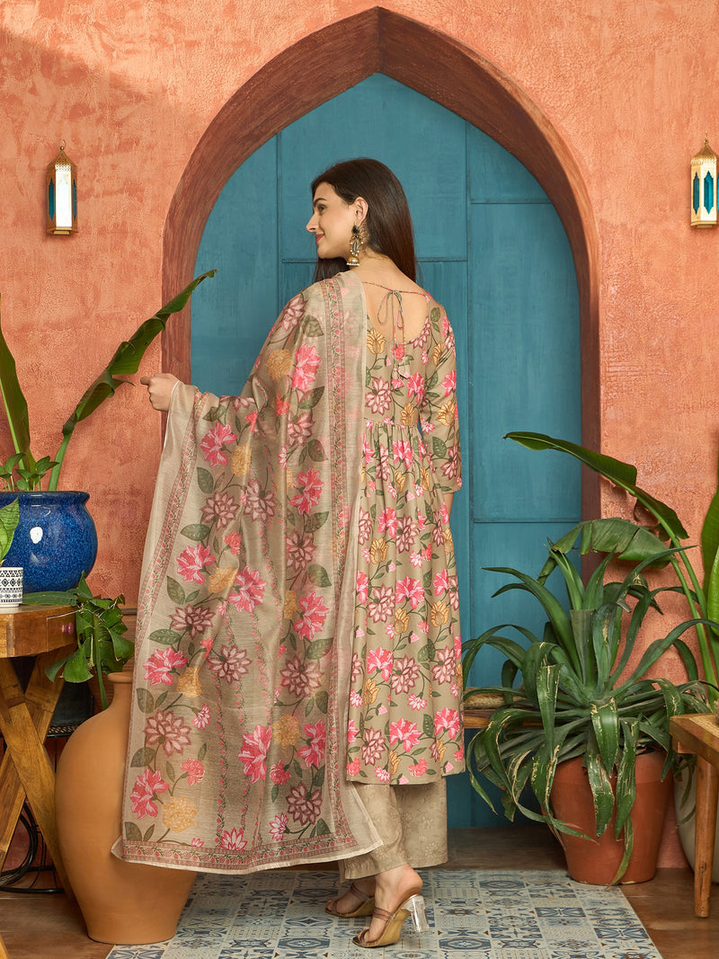 Stylum Women's Brown Floral Printed Rayon Anarkali Kurta Pant Dupatta Set (KPDBROWNFARAH)