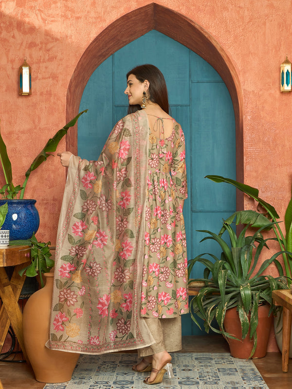 Stylum Women's Brown Floral Printed Rayon Anarkali Kurta Pant Dupatta Set (KPDBROWNFARAH)