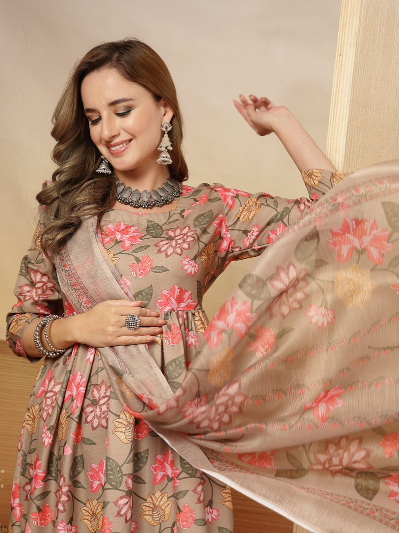 Stylum Women's Brown Floral Printed Rayon Anarkali Kurta Pant Dupatta Set (KPDBROWNFARAH)