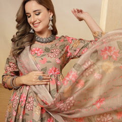 Stylum Women's Brown Floral Printed Rayon Anarkali Kurta Pant Dupatta Set (KPDBROWNFARAH)