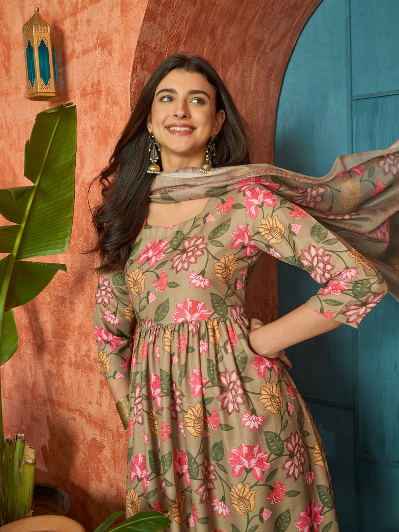 Stylum Women's Brown Floral Printed Rayon Anarkali Kurta Pant Dupatta Set (KPDBROWNFARAH)