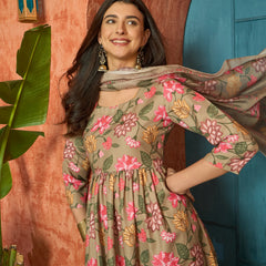 Stylum Women's Brown Floral Printed Rayon Anarkali Kurta Pant Dupatta Set (KPDBROWNFARAH)