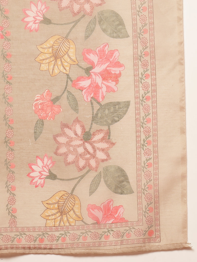 Stylum Women's Brown Floral Printed Rayon Anarkali Kurta Pant Dupatta Set (KPDBROWNFARAH)