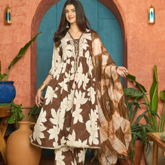 Stylum Women's Brown Floral Printed Crepe A-Line Kurta Palazzo Dupatta Set (KPDBROWNHILL)