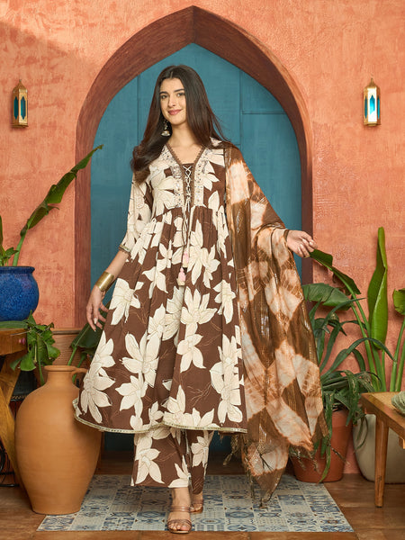 Stylum Women's Brown Floral Printed Crepe A-Line Kurta Palazzo Dupatta Set (KPDBROWNHILL)