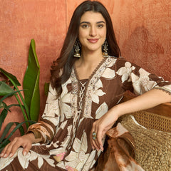 Stylum Women's Brown Floral Printed Crepe A-Line Kurta Palazzo Dupatta Set (KPDBROWNHILL)