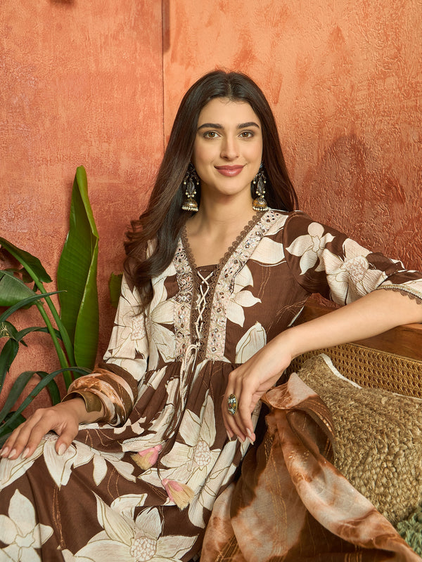 Stylum Women's Brown Floral Printed Crepe A-Line Kurta Palazzo Dupatta Set (KPDBROWNHILL)