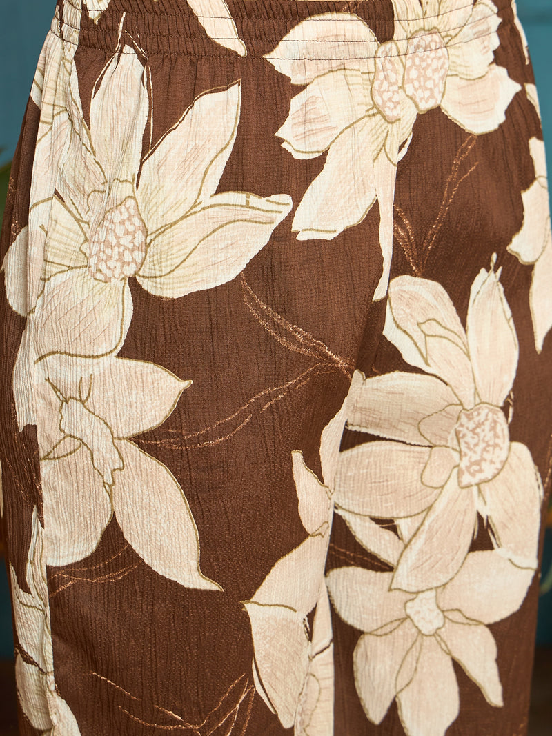 Stylum Women's Brown Floral Printed Crepe A-Line Kurta Palazzo Dupatta Set (KPDBROWNHILL)