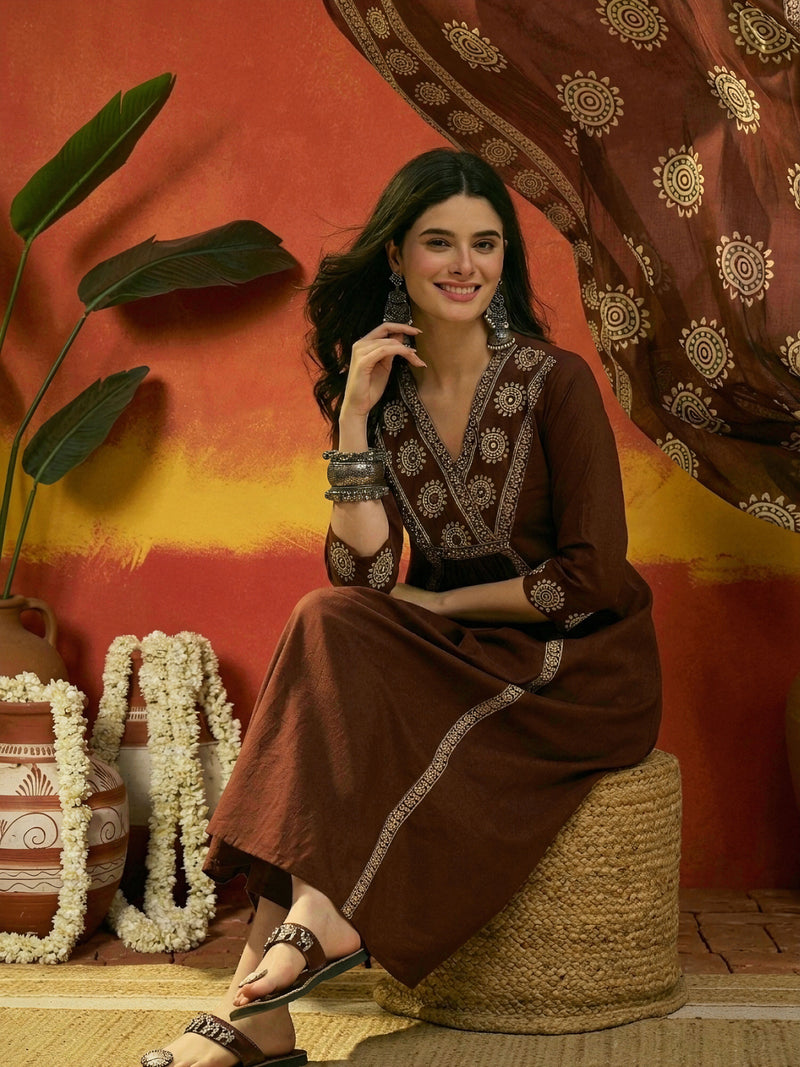 Stylum Women's Brown Solid & Embroidered Cotton A-Line Kurta Pant Dupatta Set (KPDBROWNKAMYA)