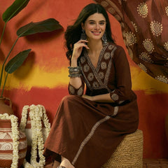 Stylum Women's Brown Solid & Embroidered Cotton A-Line Kurta Pant Dupatta Set (KPDBROWNKAMYA)
