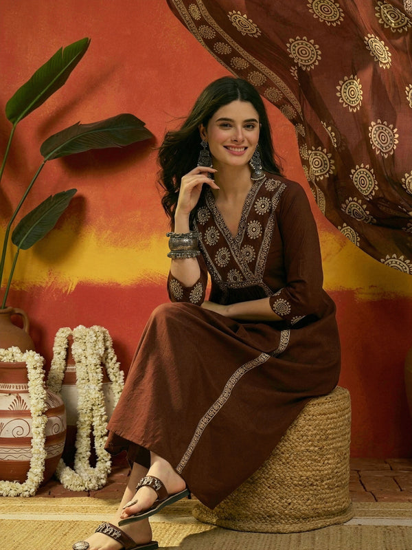 Stylum Women's Brown Solid & Embroidered Cotton A-Line Kurta Pant Dupatta Set (KPDBROWNKAMYA)