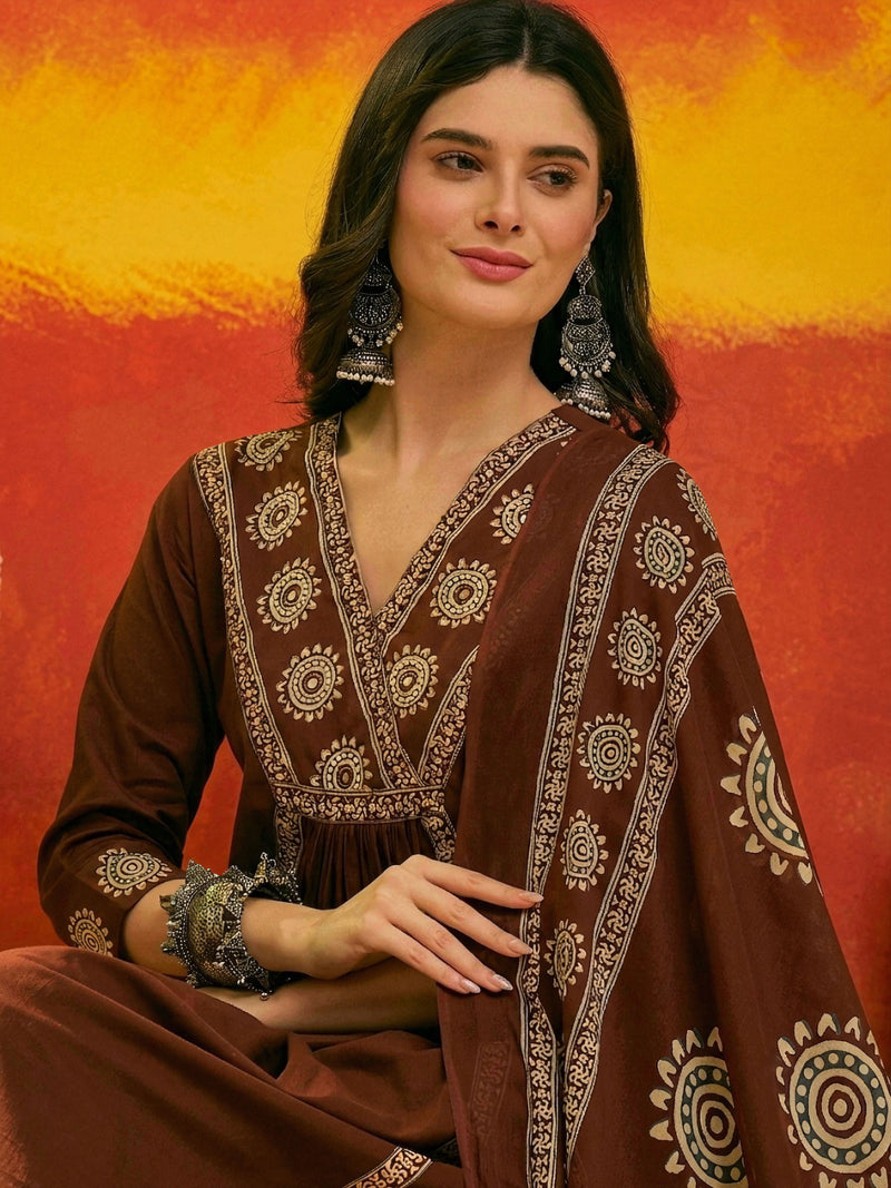Stylum Women's Brown Solid & Embroidered Cotton A-Line Kurta Pant Dupatta Set (KPDBROWNKAMYA)