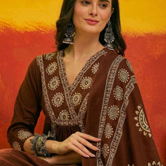 Stylum Women's Brown Solid & Embroidered Cotton A-Line Kurta Pant Dupatta Set (KPDBROWNKAMYA)