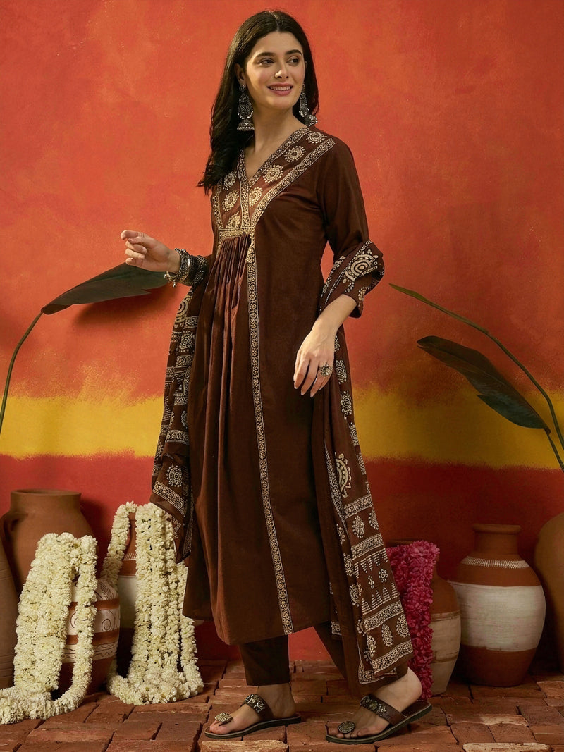 Stylum Women's Brown Solid & Embroidered Cotton A-Line Kurta Pant Dupatta Set (KPDBROWNKAMYA)