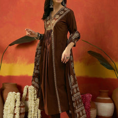 Stylum Women's Brown Solid & Embroidered Cotton A-Line Kurta Pant Dupatta Set (KPDBROWNKAMYA)