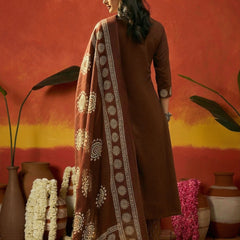 Stylum Women's Brown Solid & Embroidered Cotton A-Line Kurta Pant Dupatta Set (KPDBROWNKAMYA)